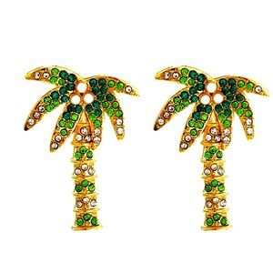 Coconut Palm Pretty Green & Gold Rhinestone & Enamel Earrings